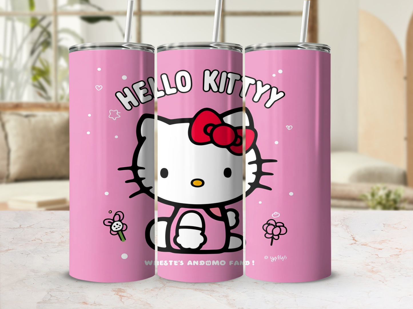 Pink Hello Kitty tumbler with white polka dots, flowers, and text.