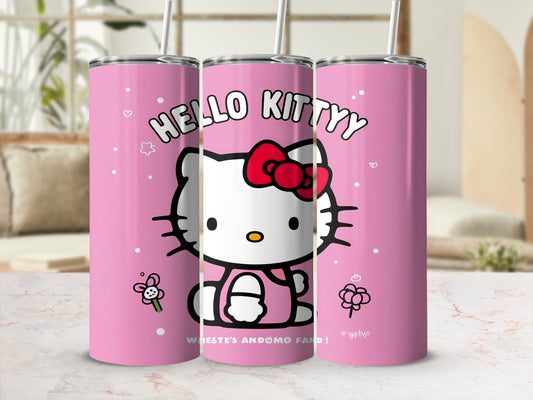 Pink Hello Kitty tumbler with white polka dots, flowers, and text.