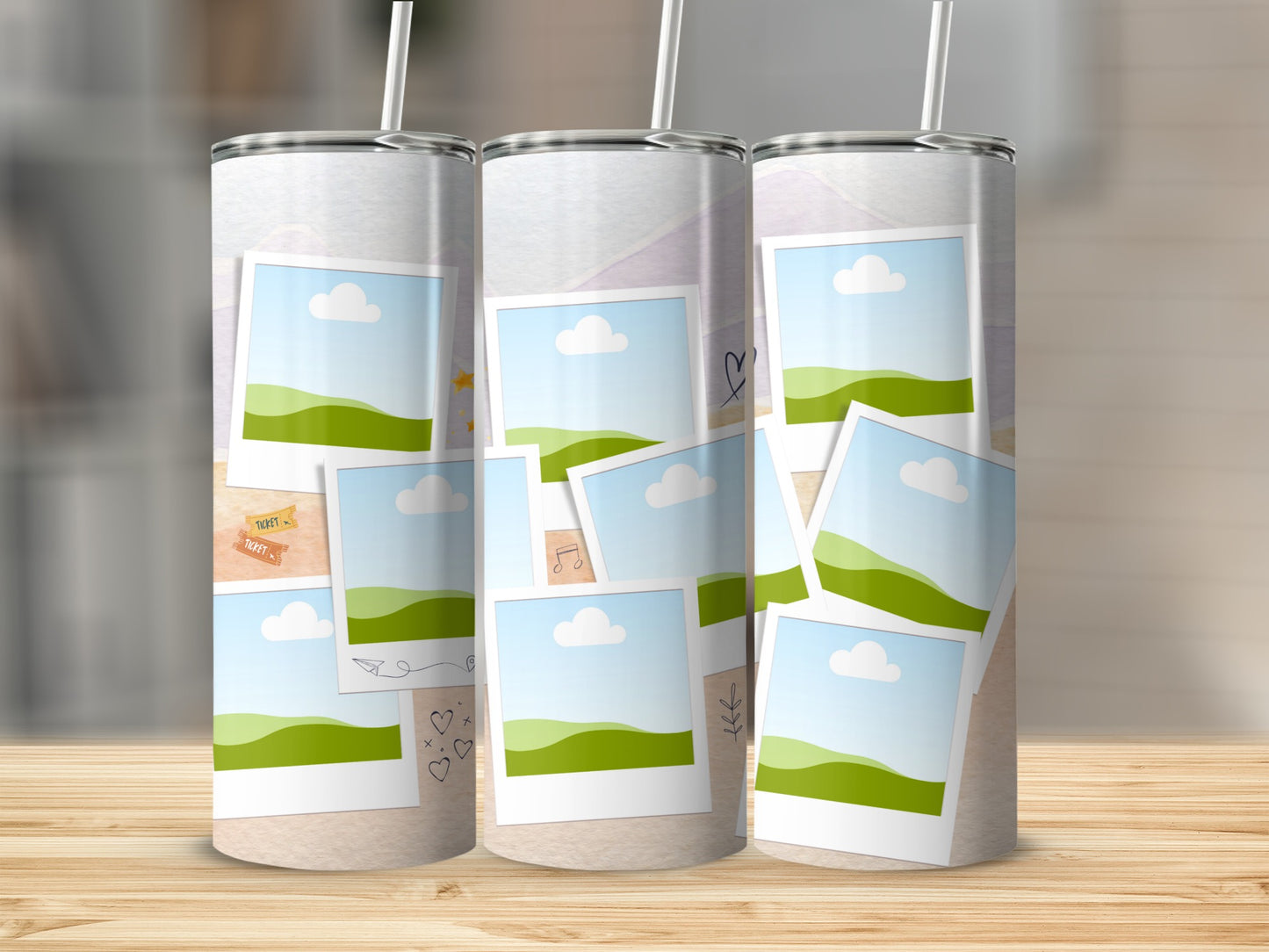 Three tumblers with a collage of instant photo frames and small drawings.
