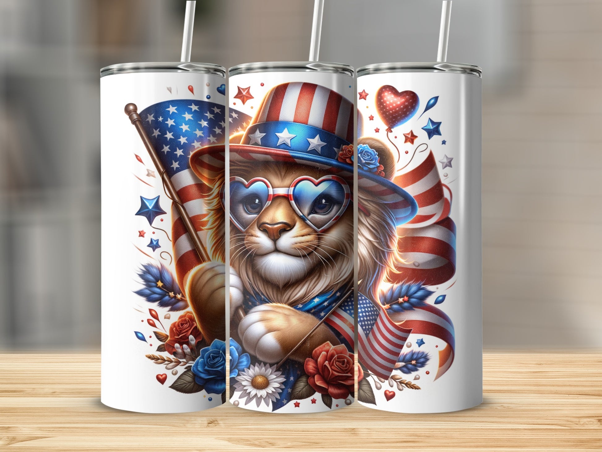 Lion wearing patriotic hat and sunglasses holding US flag, with stars and roses.