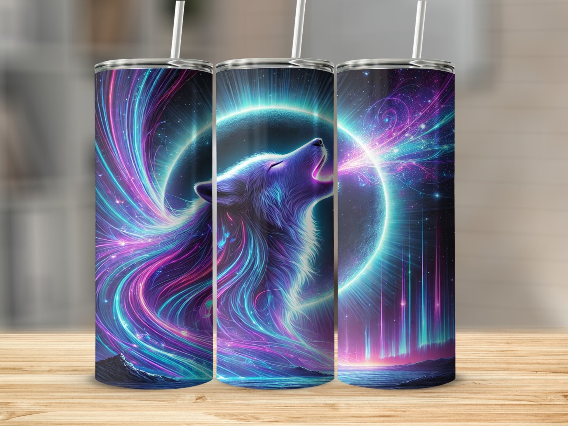 Mystical Wolf and Aurora Borealis Tumbler Cup