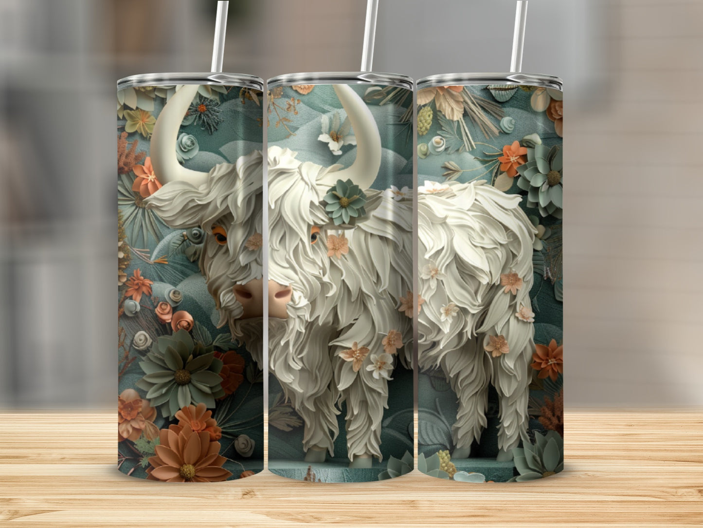 White shaggy Highland cow with floral accents on a skinny tumbler.