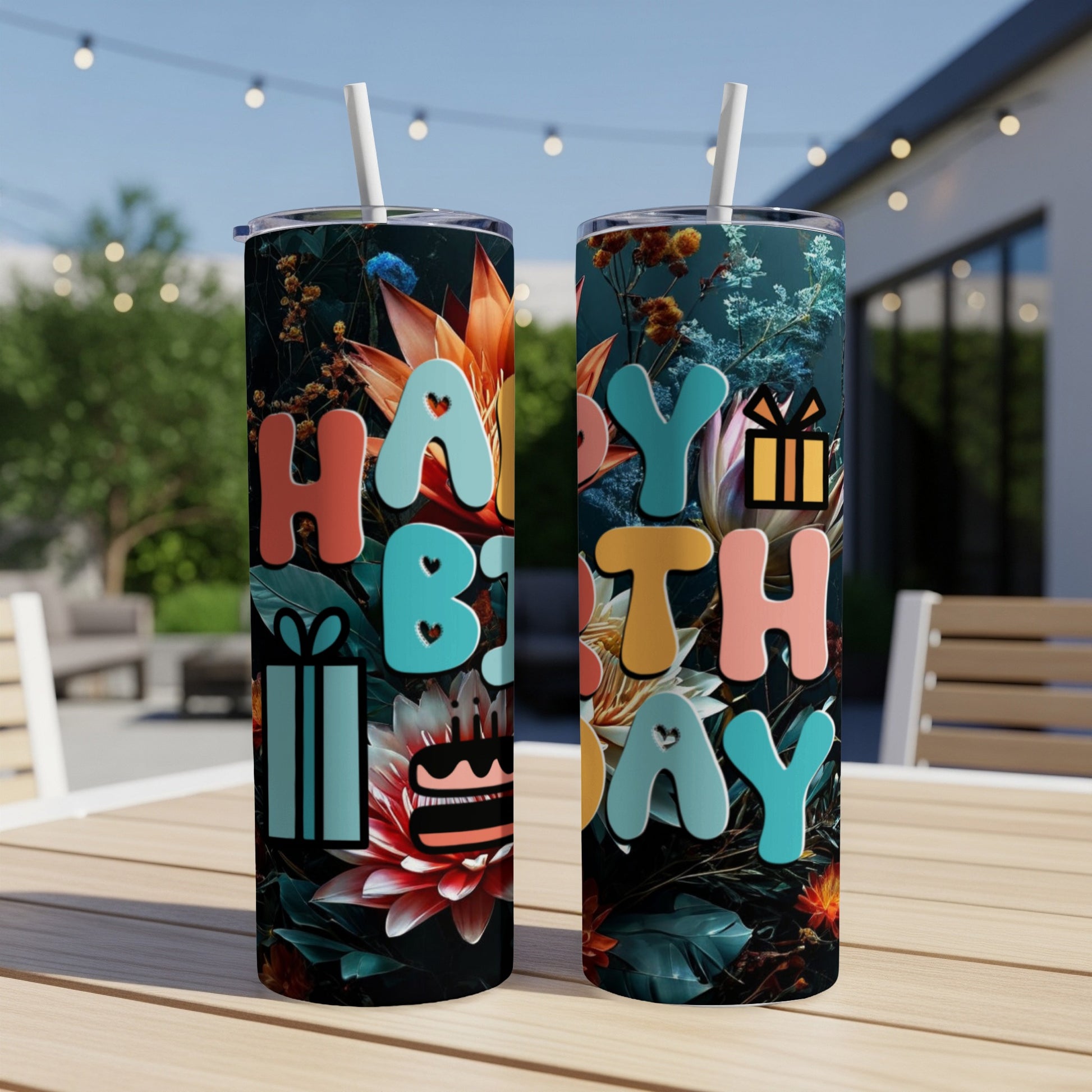 Two tumblers with "Happy Birthday" text and floral designs.