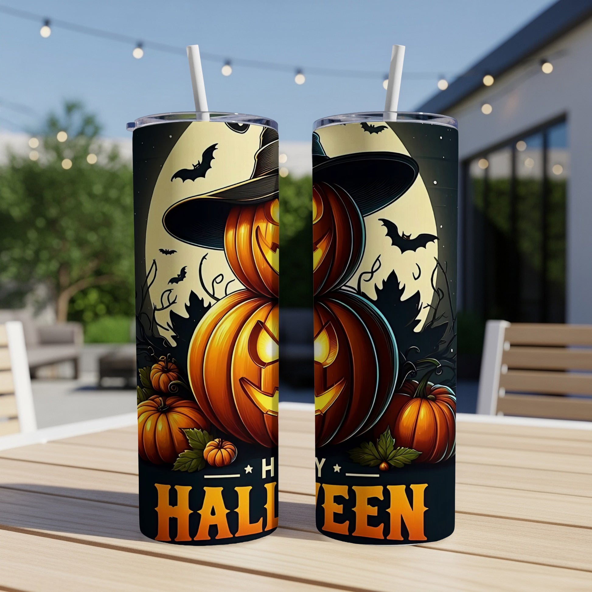 Two tumblers with Halloween design featuring stacked pumpkins and bats.