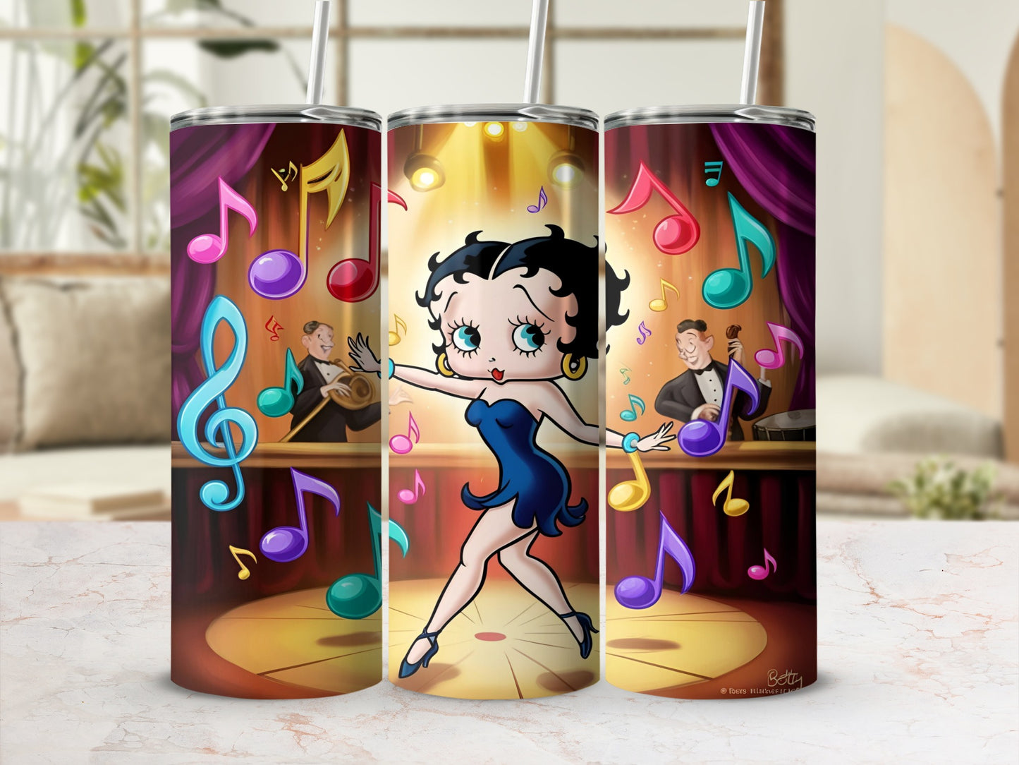 Betty Boop dancing surrounded by musical notes on a stage.