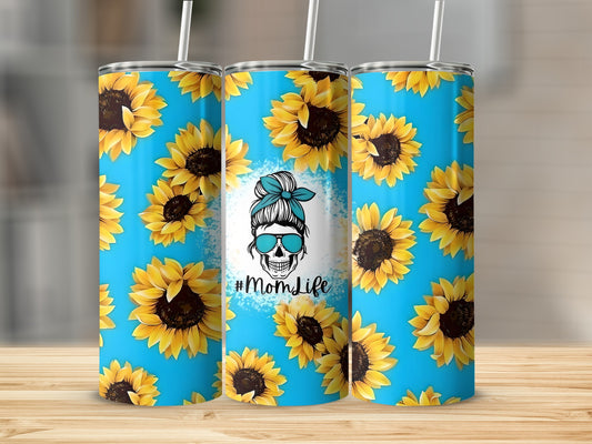 Sunflower #MomLife Tumbler Cup Floral Design Flask