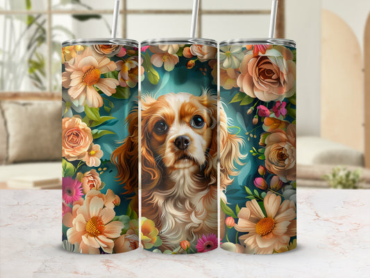 Cavalier King Charles Spaniel with floral accents on a tumbler.
