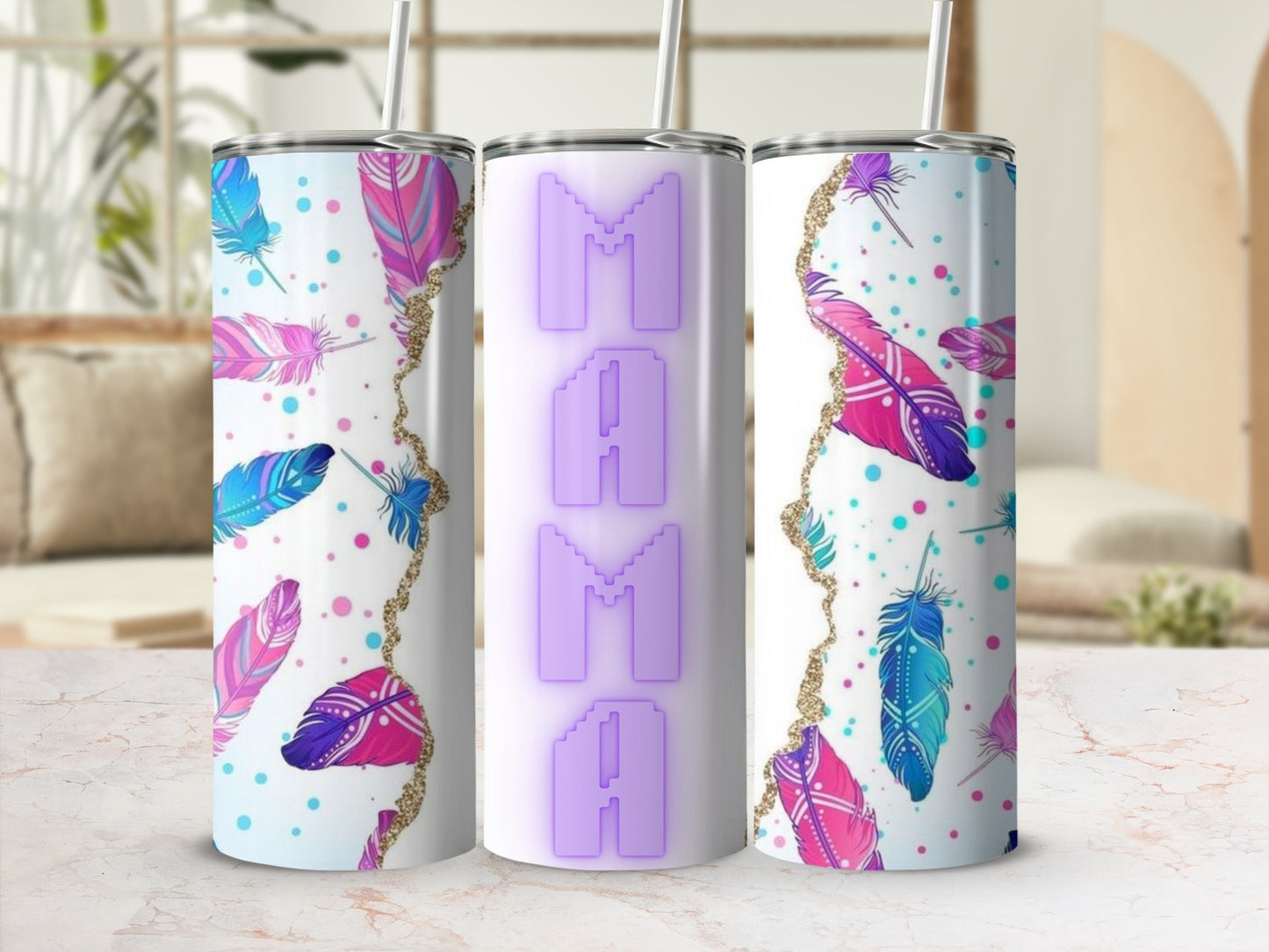 Colorful Feathers and MAMA Print Tumbler Cup