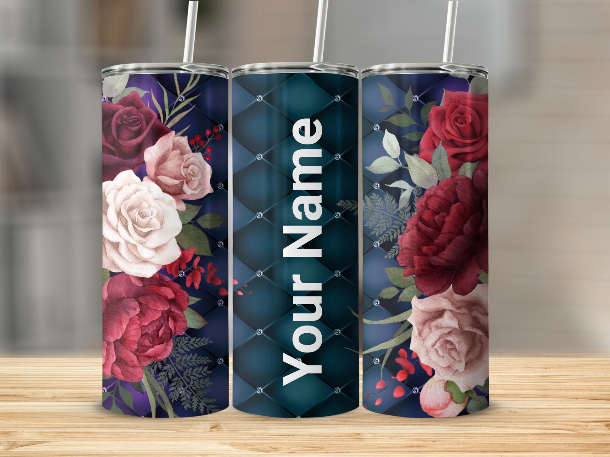 Customized Floral and Diamond Design Tumbler with Straw
