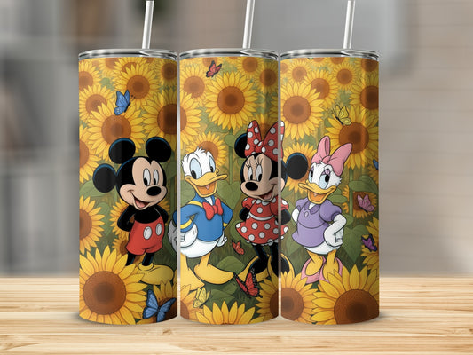 Adorable Cartoon Characters on Sunflower Background Tumbler