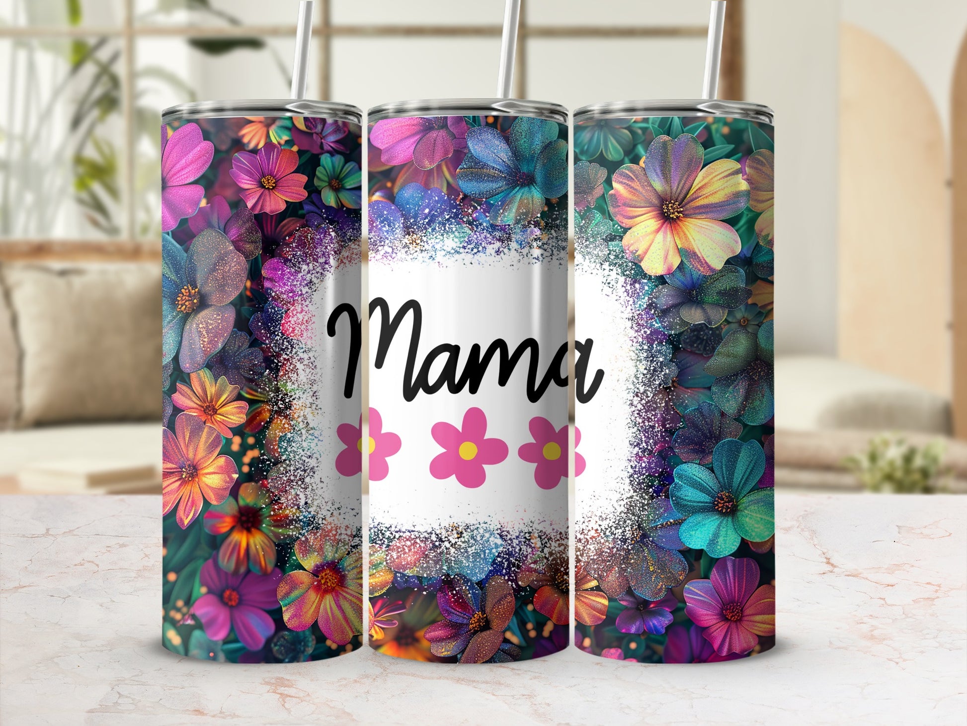 Vibrant Floral Design Mama Tumbler with Straw