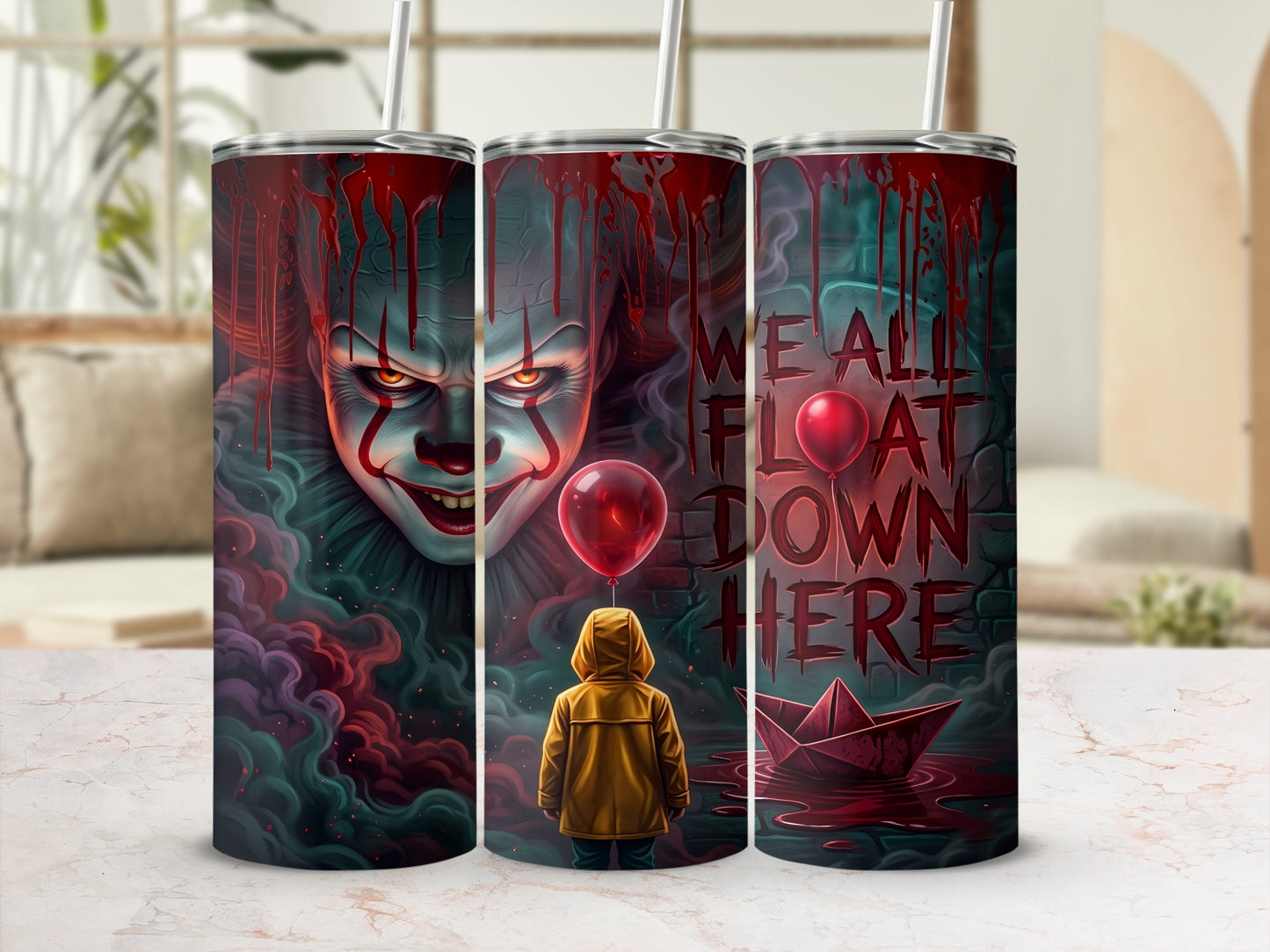 Creepy clown and child with red balloon, "We All Float Down Here" text.