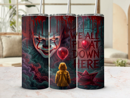 Creepy clown and child with red balloon, "We All Float Down Here" text.