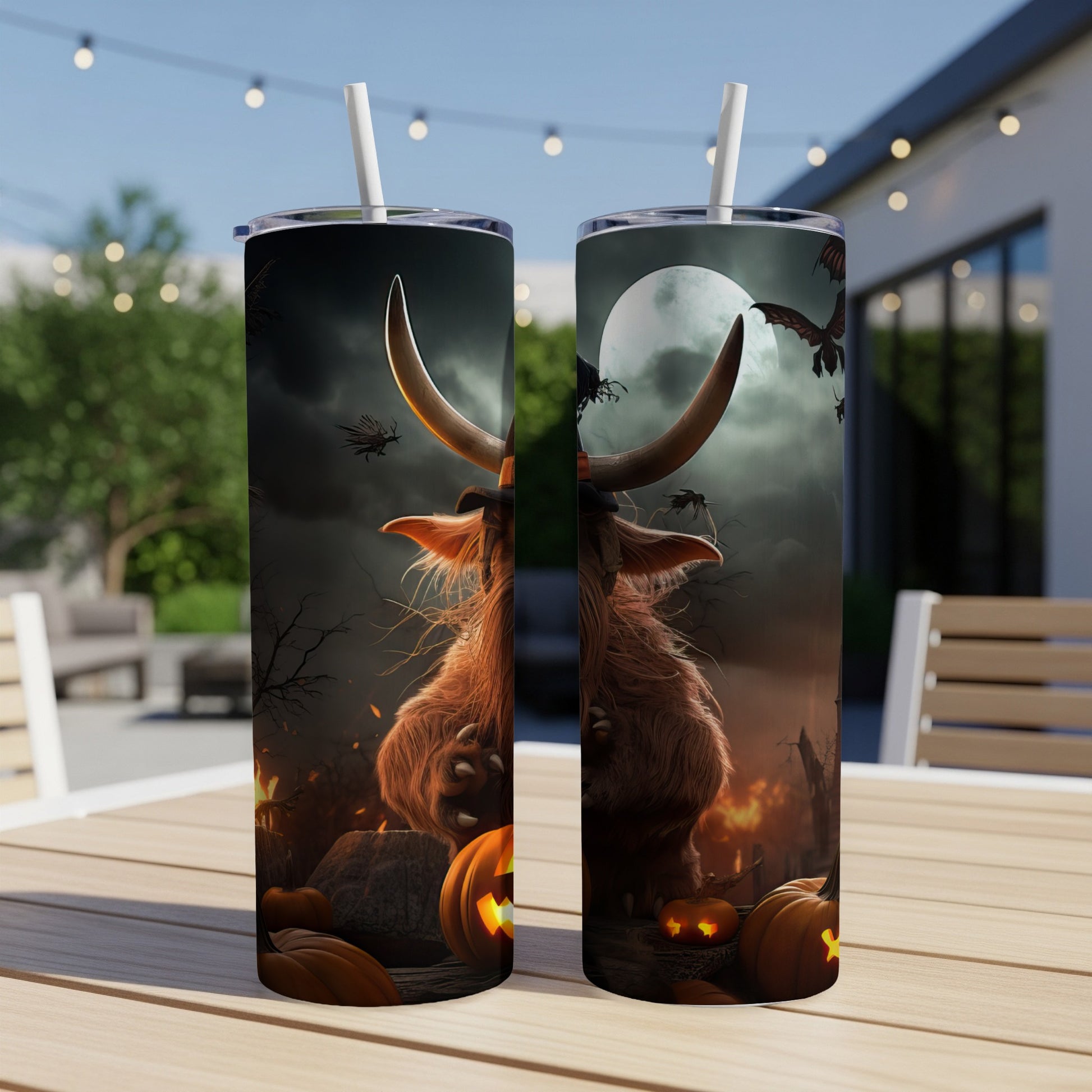 Two Halloween-themed tumblers with a shaggy beast, pumpkins, and bats on a table.
