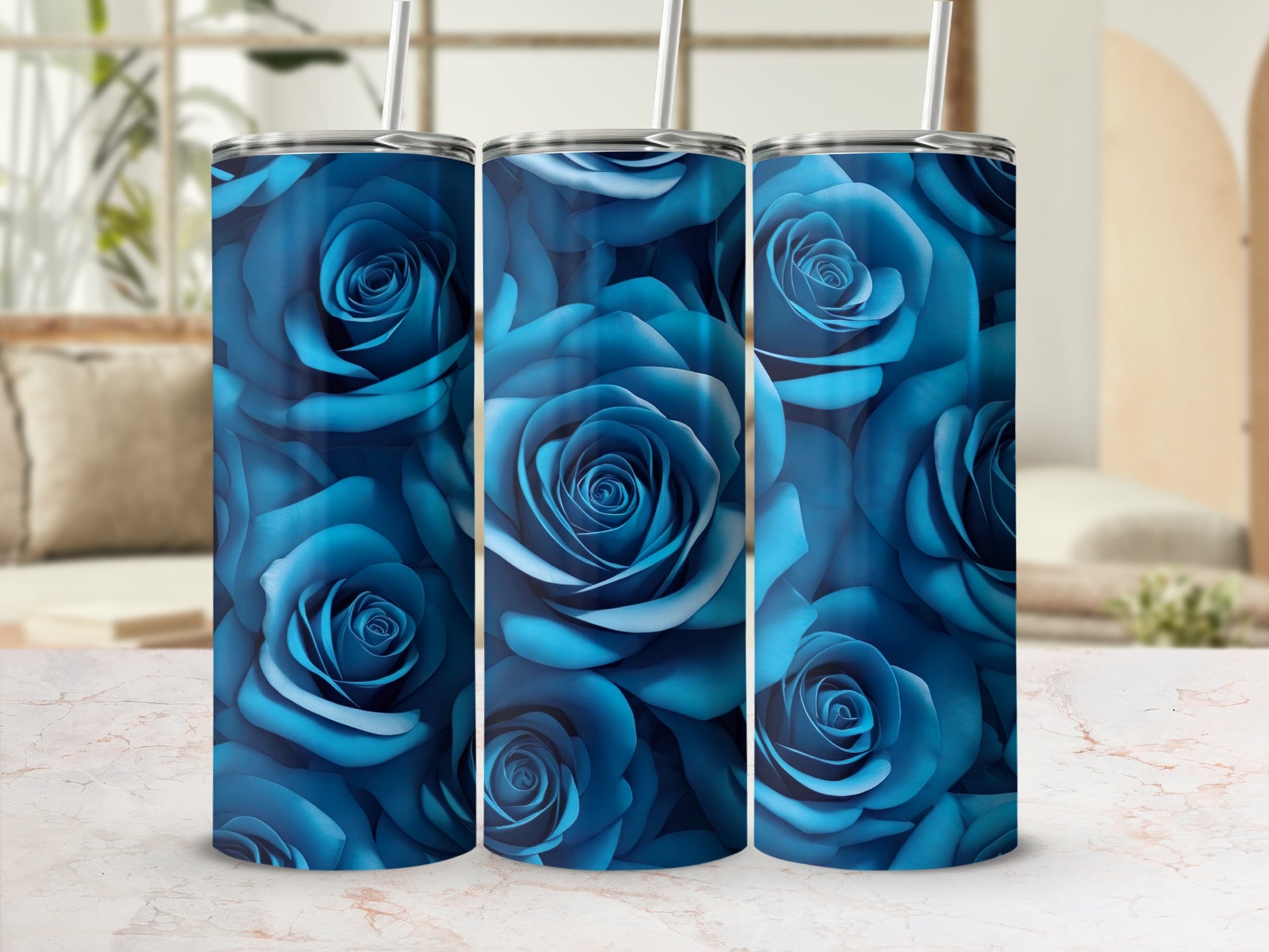 Blue Roses Pattern Design Tumbler With Straw