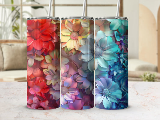 Three floral tumblers with a gradient of red, yellow, and blue flowers.