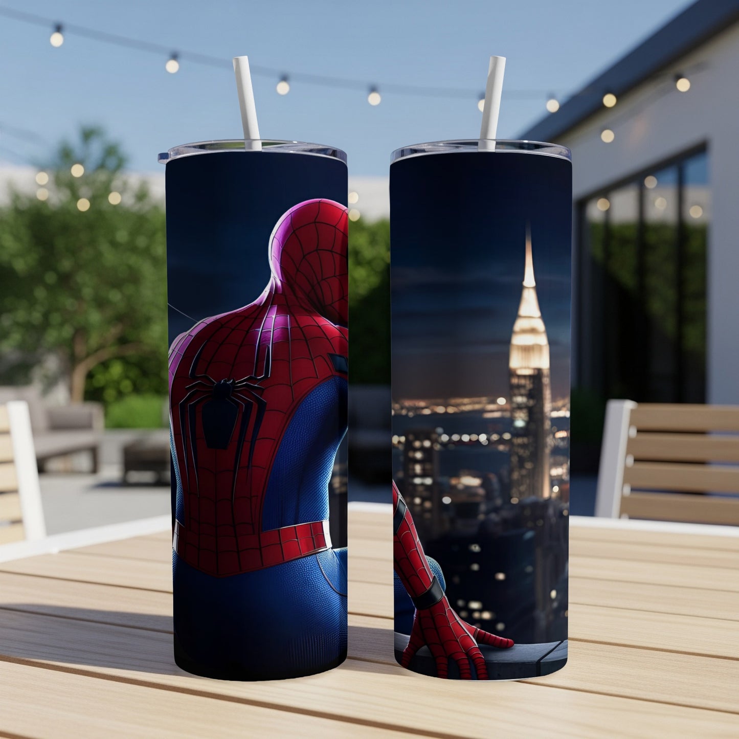 Spider-Man standing on a rooftop overlooking a city at night.