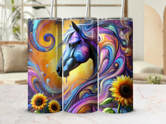 Colorful horse with sunflowers on a patterned tumbler with straw.