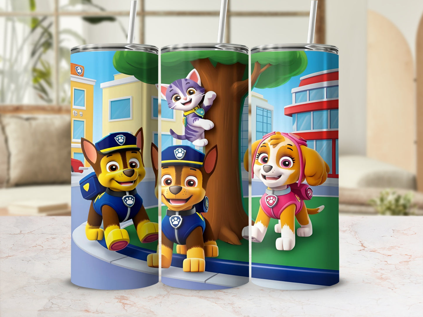 Paw Patrol characters Chase, Marshall, and Skye on a cylindrical tumbler with a city background.