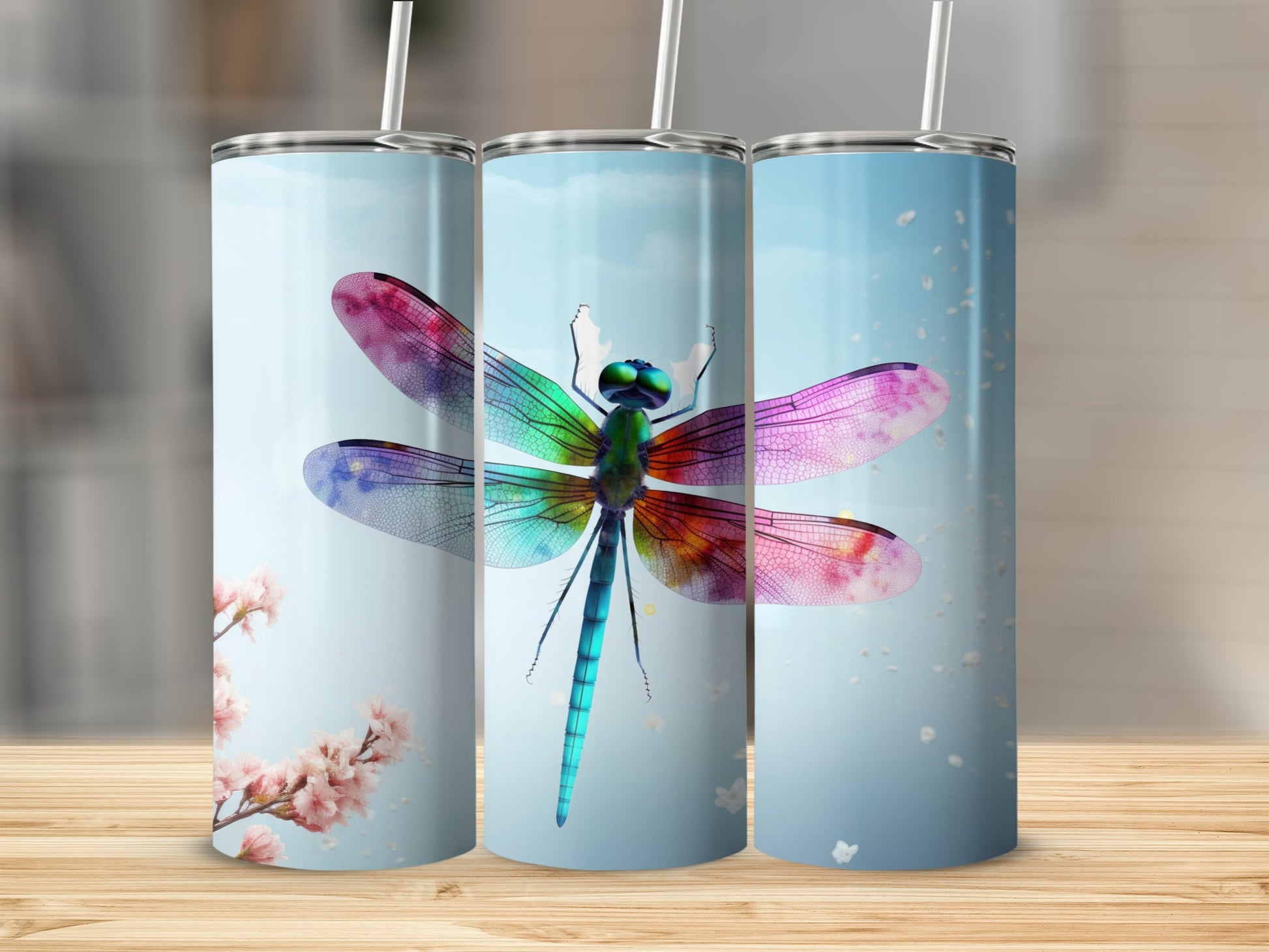 Colorful Dragonfly and Cherry Blossom Tumbler Set