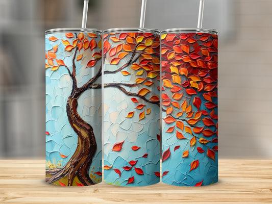 Three tumblers featuring a textured autumn tree with falling orange and red leaves.