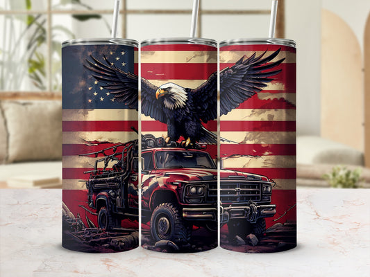 Red truck with bald eagle on American flag background.