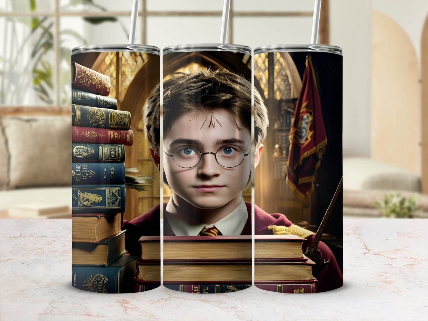 Harry Potter character on a tumbler with books and Hogwarts castle background.