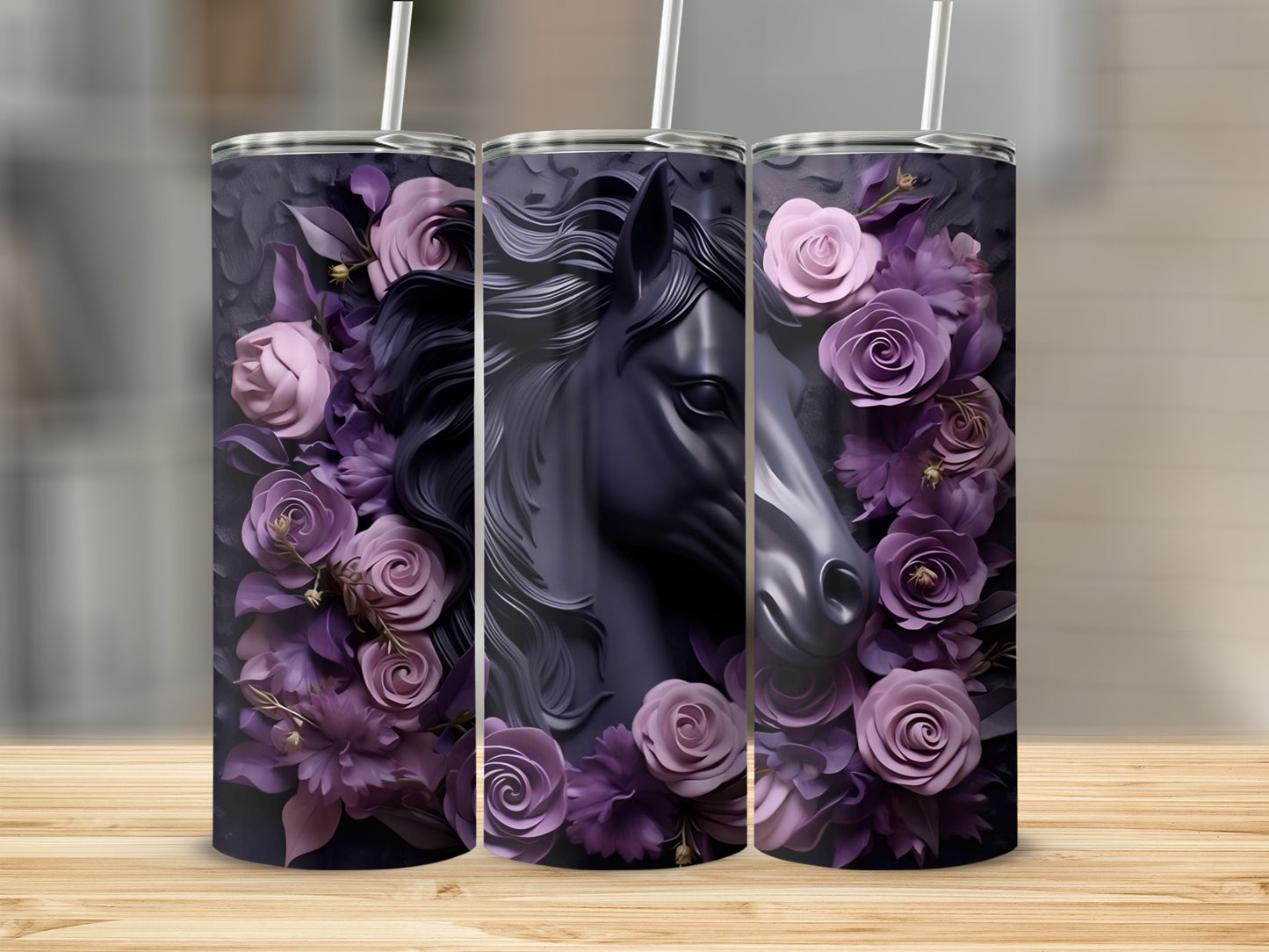 Stunning Purple Rose and Horse Design Tumbler