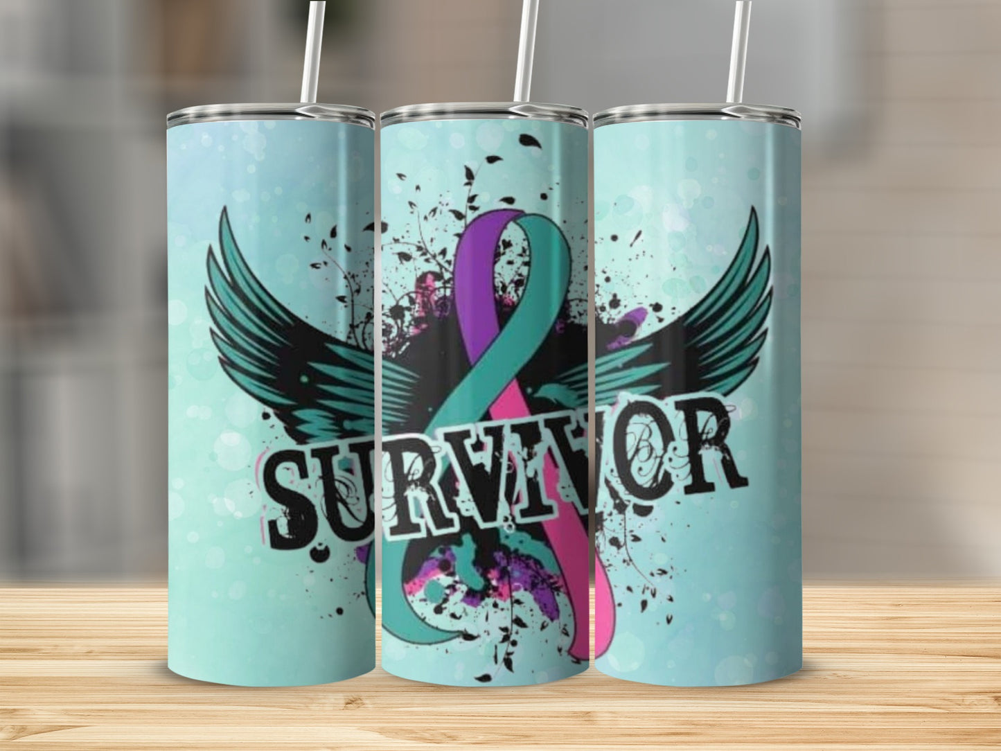 Survivor Ribbon and Wings Design Tumbler Cup