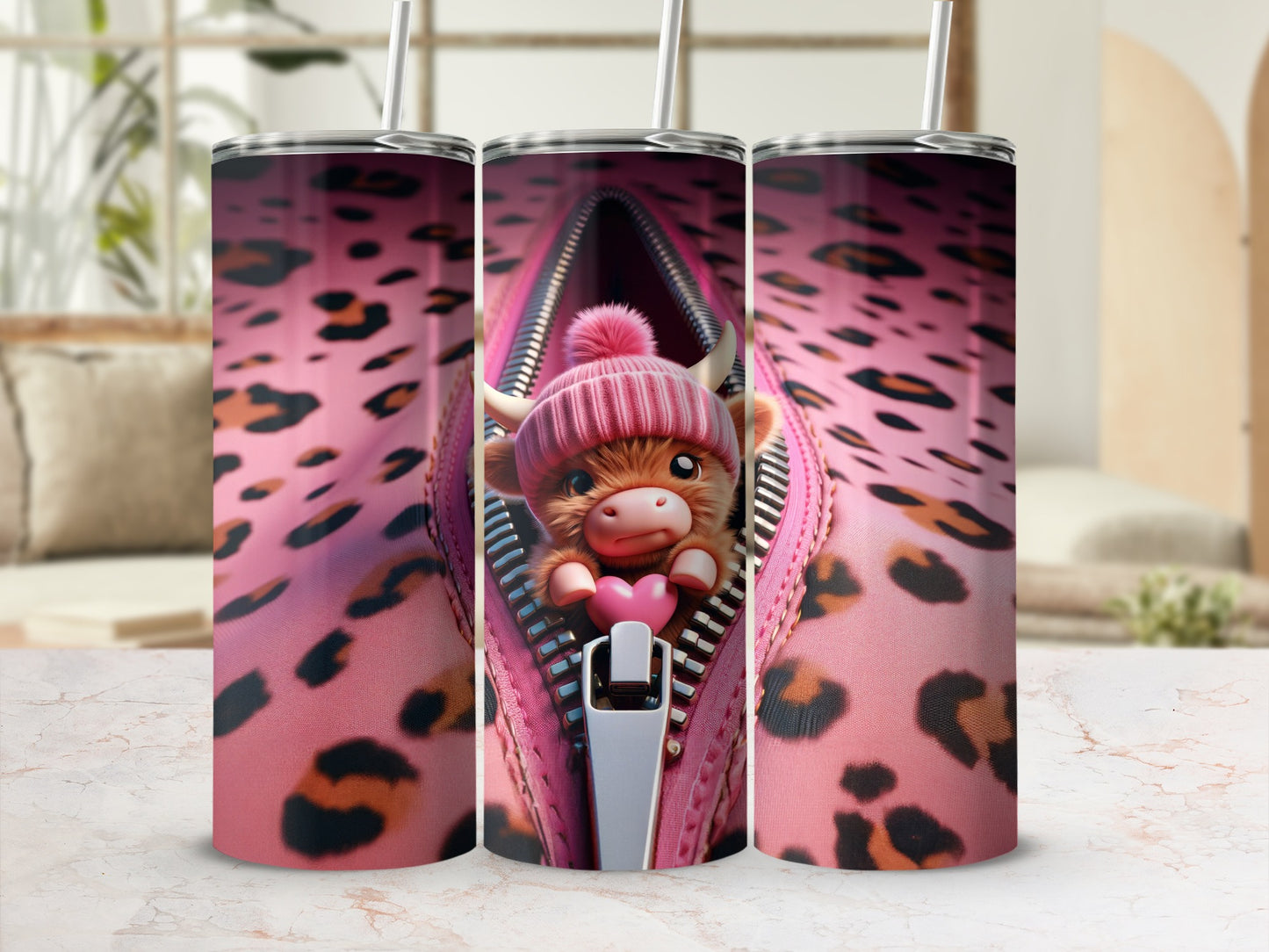 Pink leopard print tumbler with zipper revealing cute cartoon cow in pink hat.