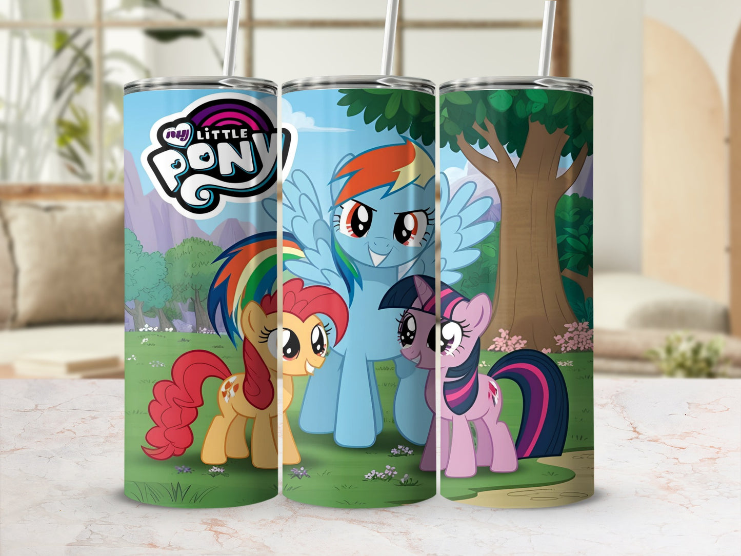 My Little Pony characters Rainbow Dash, Applejack, and Twilight Sparkle on a tumbler.