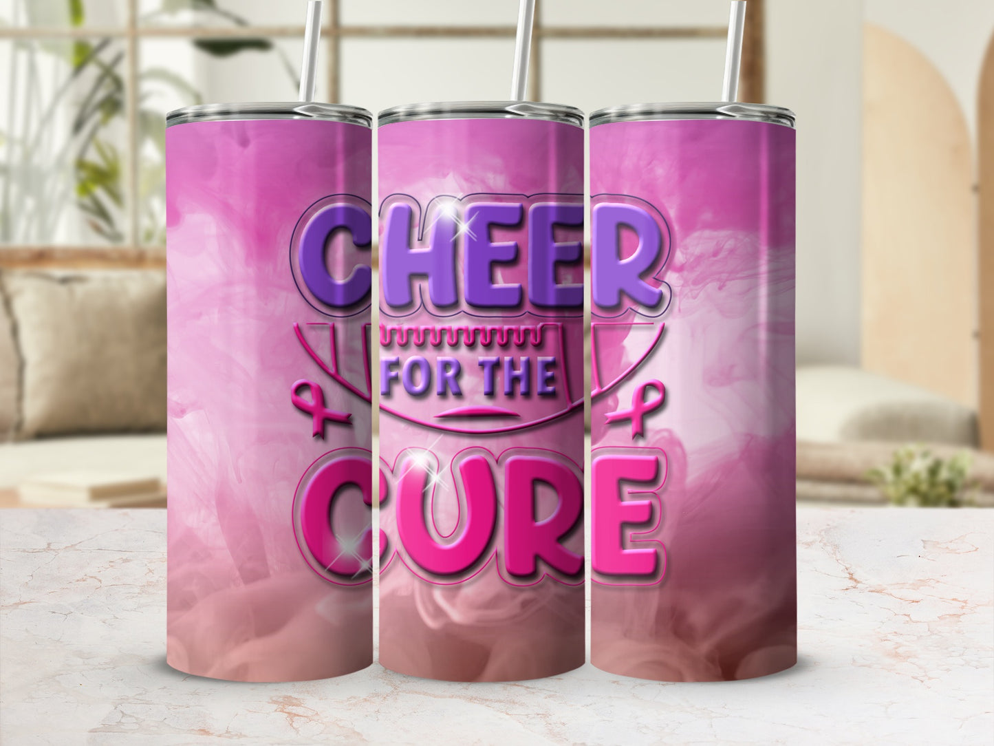Pink tumbler with "Cheer for the Cure" and ribbon design.