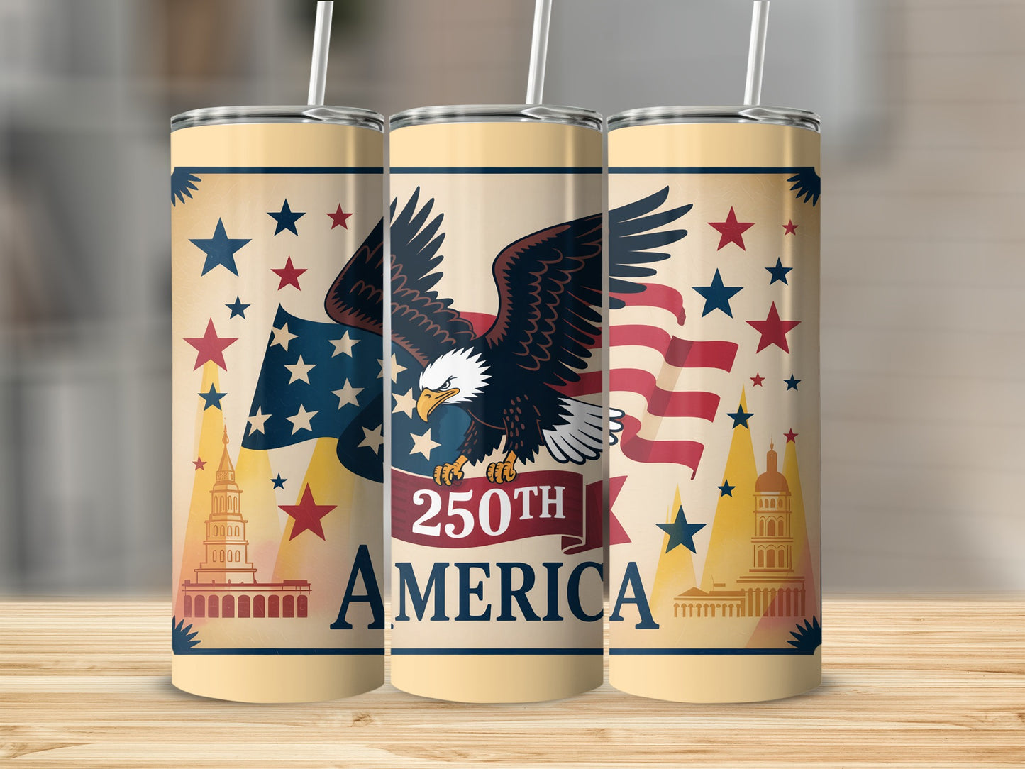Eagle, flag, and landmarks celebrate 250th America on tumblers.