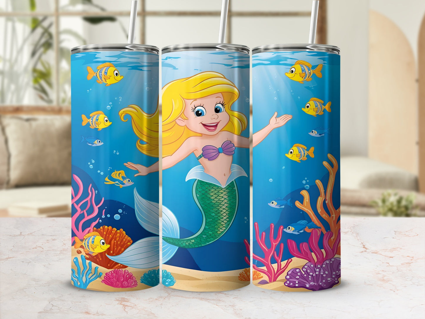 Cartoon mermaid with blonde hair, surrounded by colorful fish and coral underwater.