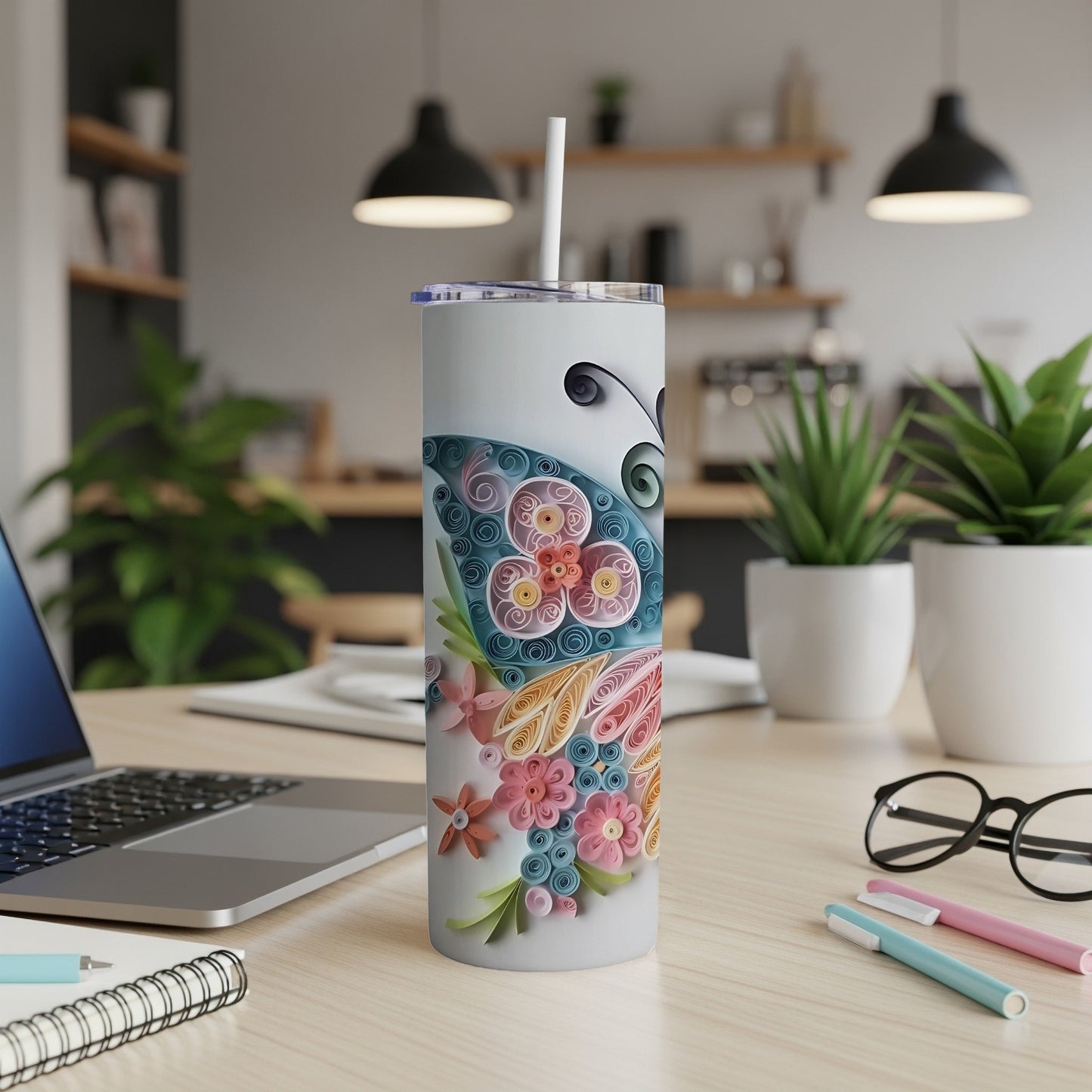 White tumbler with delicate quilled butterfly and floral design.
