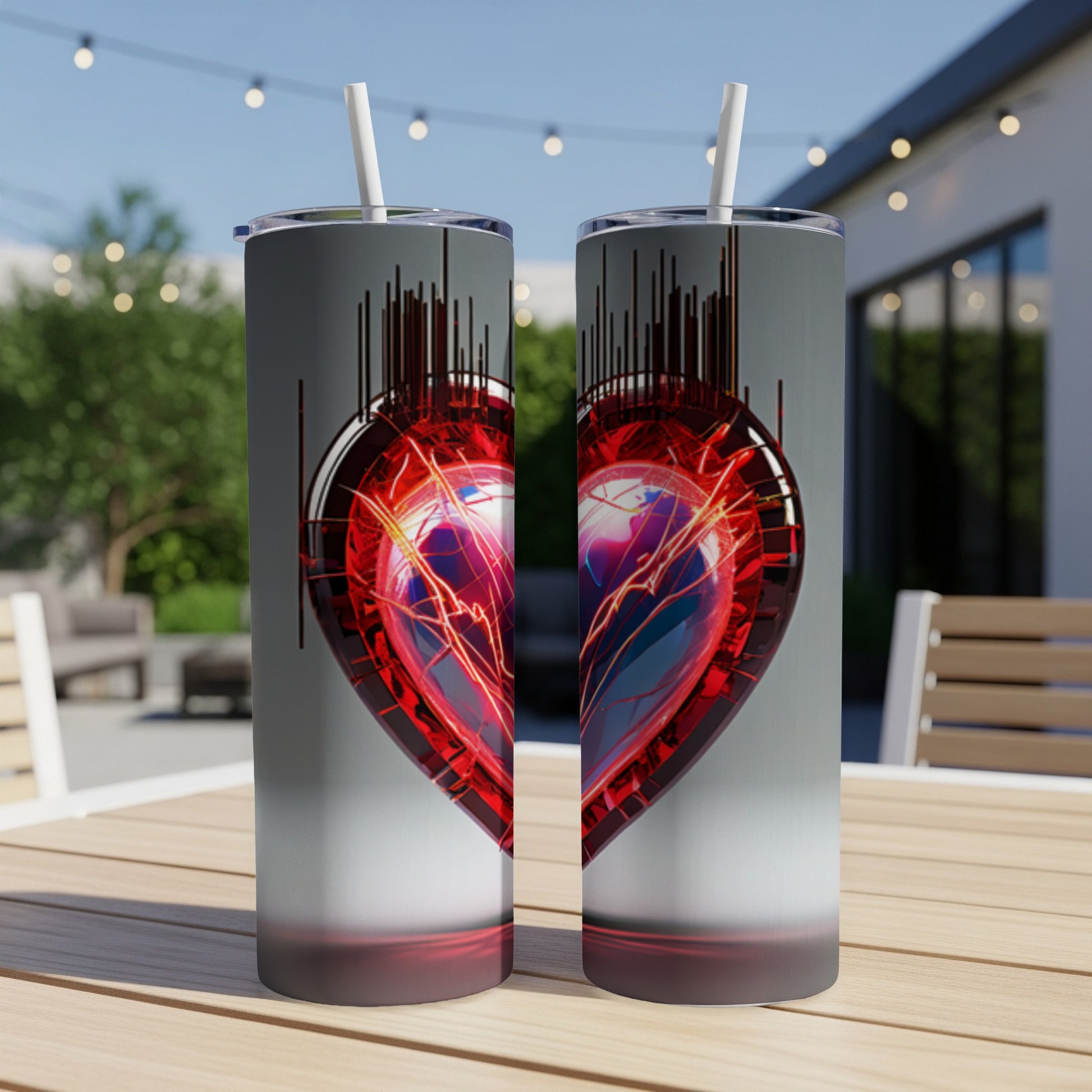 Two tall, metallic tumblers featuring a glowing, red, bejeweled heart with circuitry.