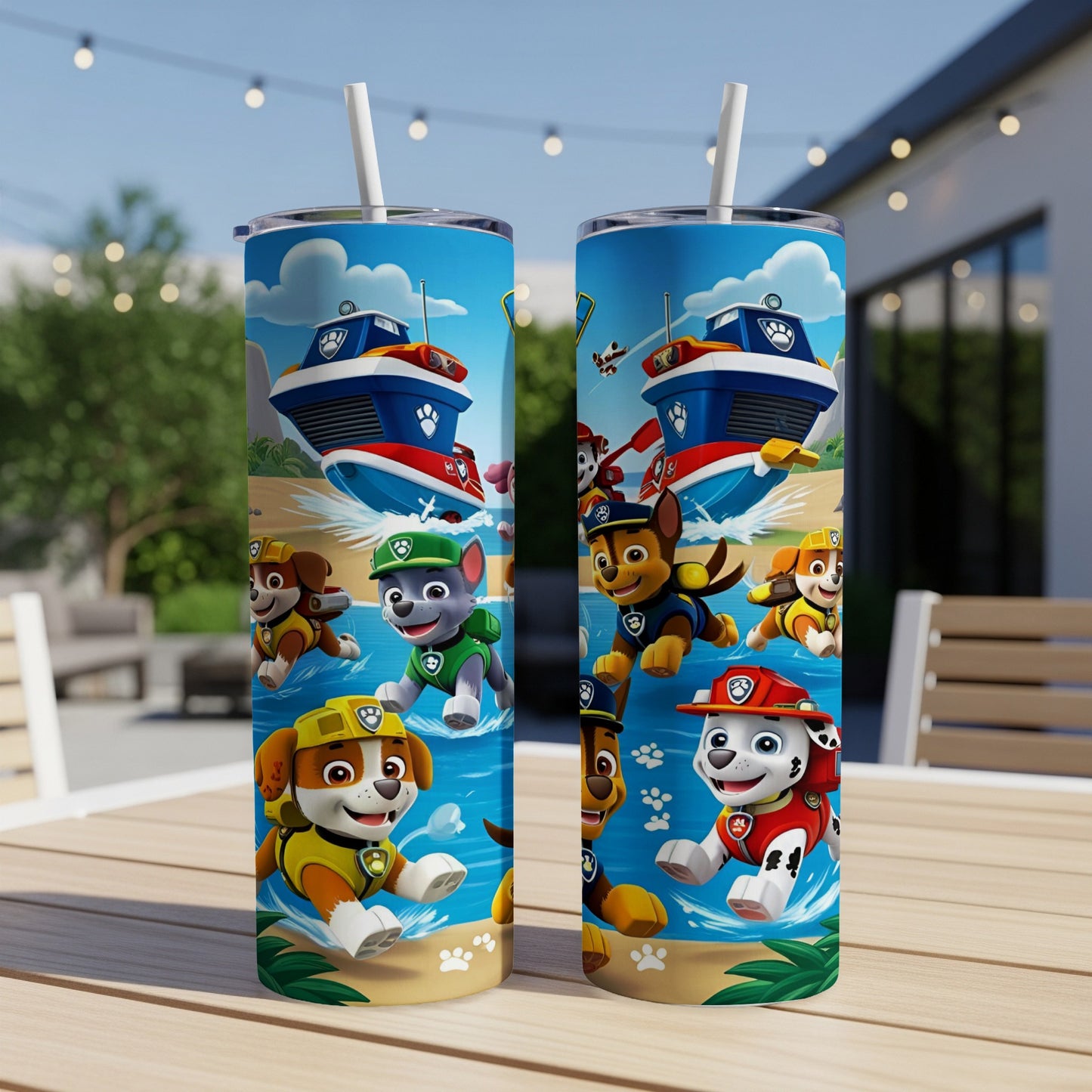 Paw Patrol pups on a mission in blue boats on water.