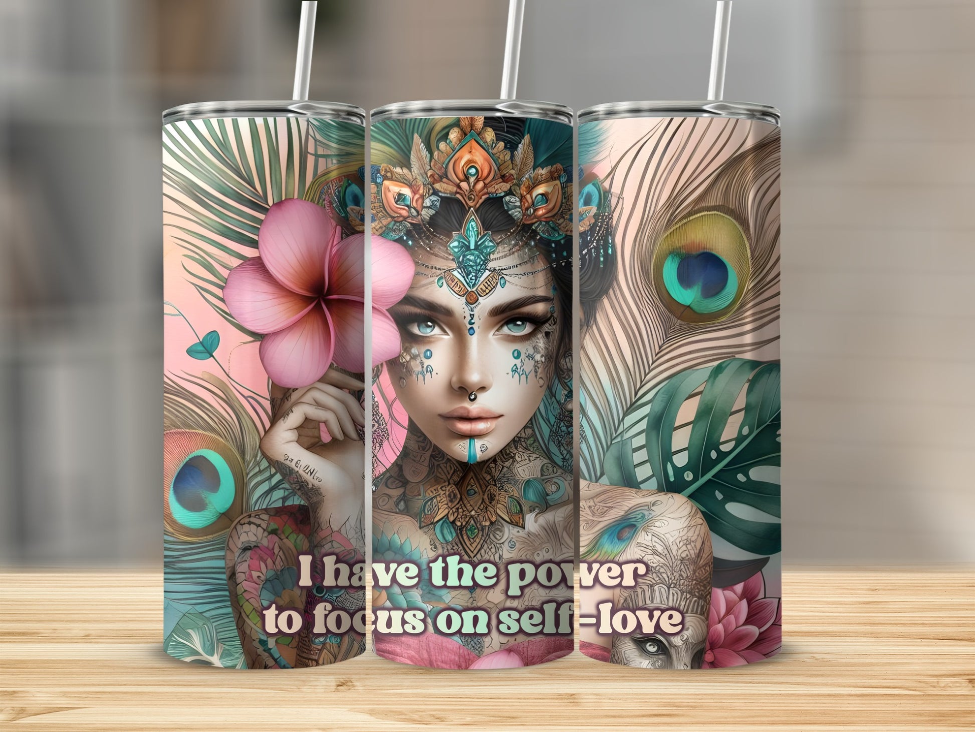 Woman with ornate headdress and peacock feathers, "I have the power to focus on self-love".