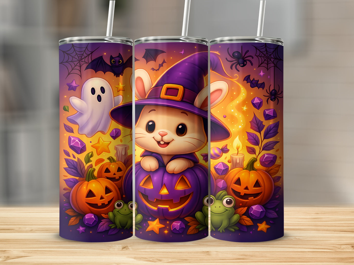Halloween tumbler design with a witch bunny, pumpkins, ghosts, bats, and frogs.
