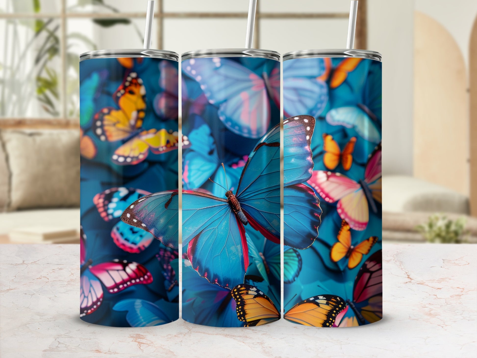Blue and pink butterflies on a dark blue background, with a straw.