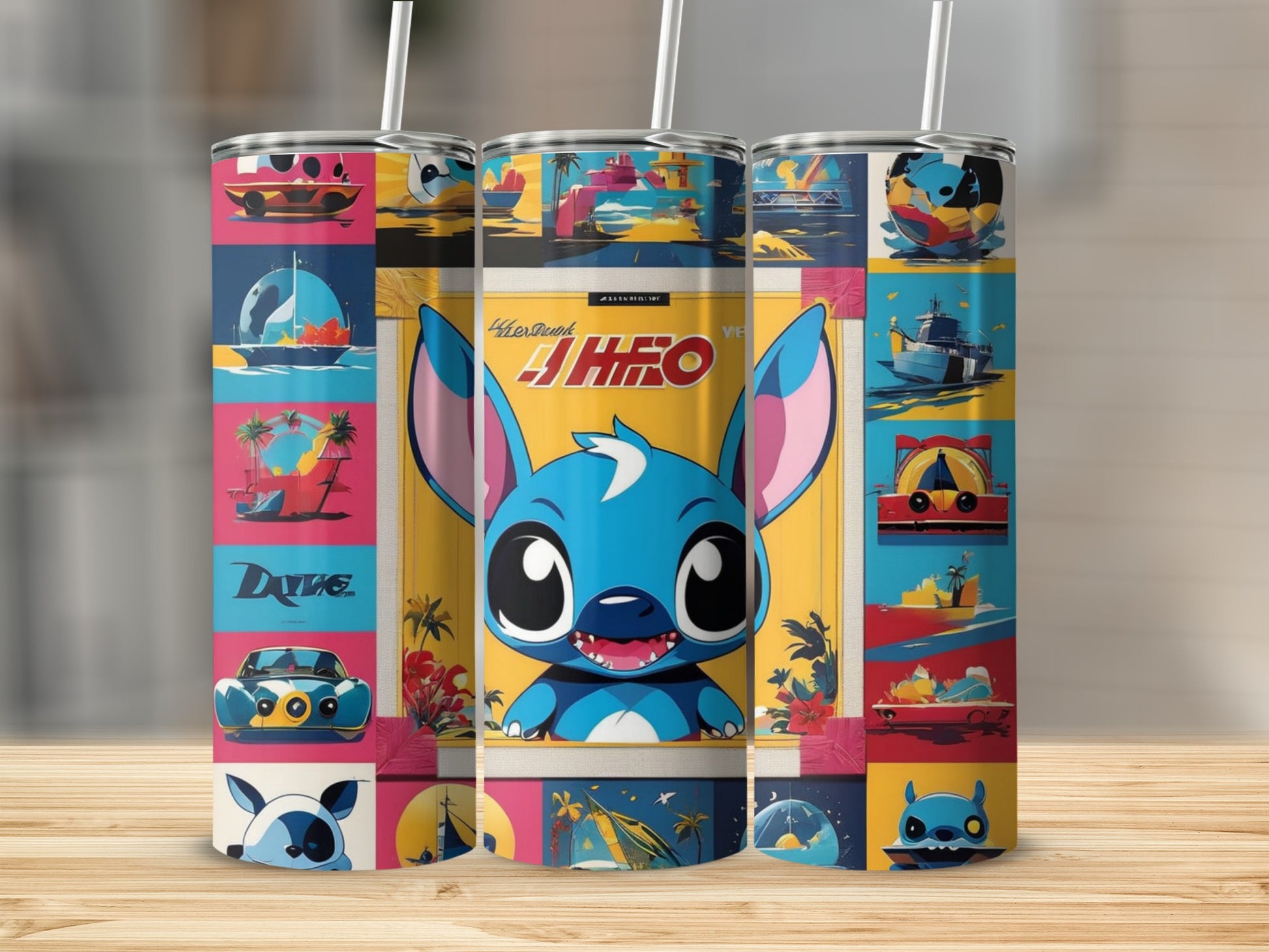 Stitch character on a tumbler with colorful nautical and car themed panels.