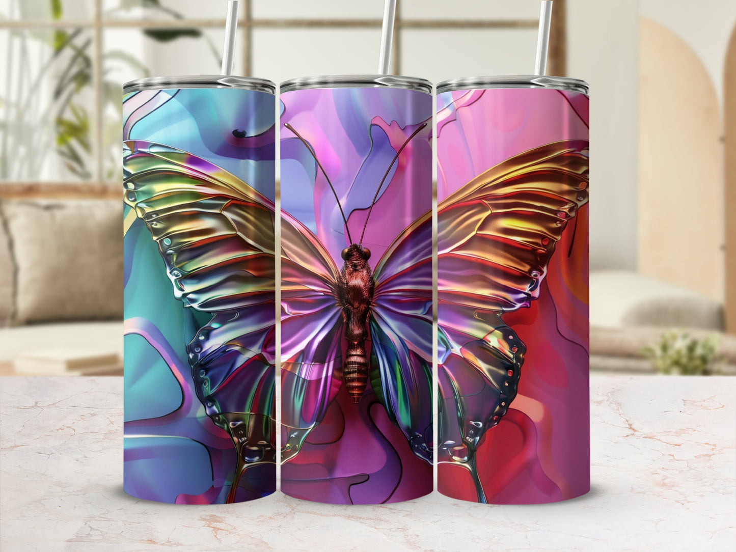 Three iridescent butterfly tumblers with colorful abstract backgrounds.