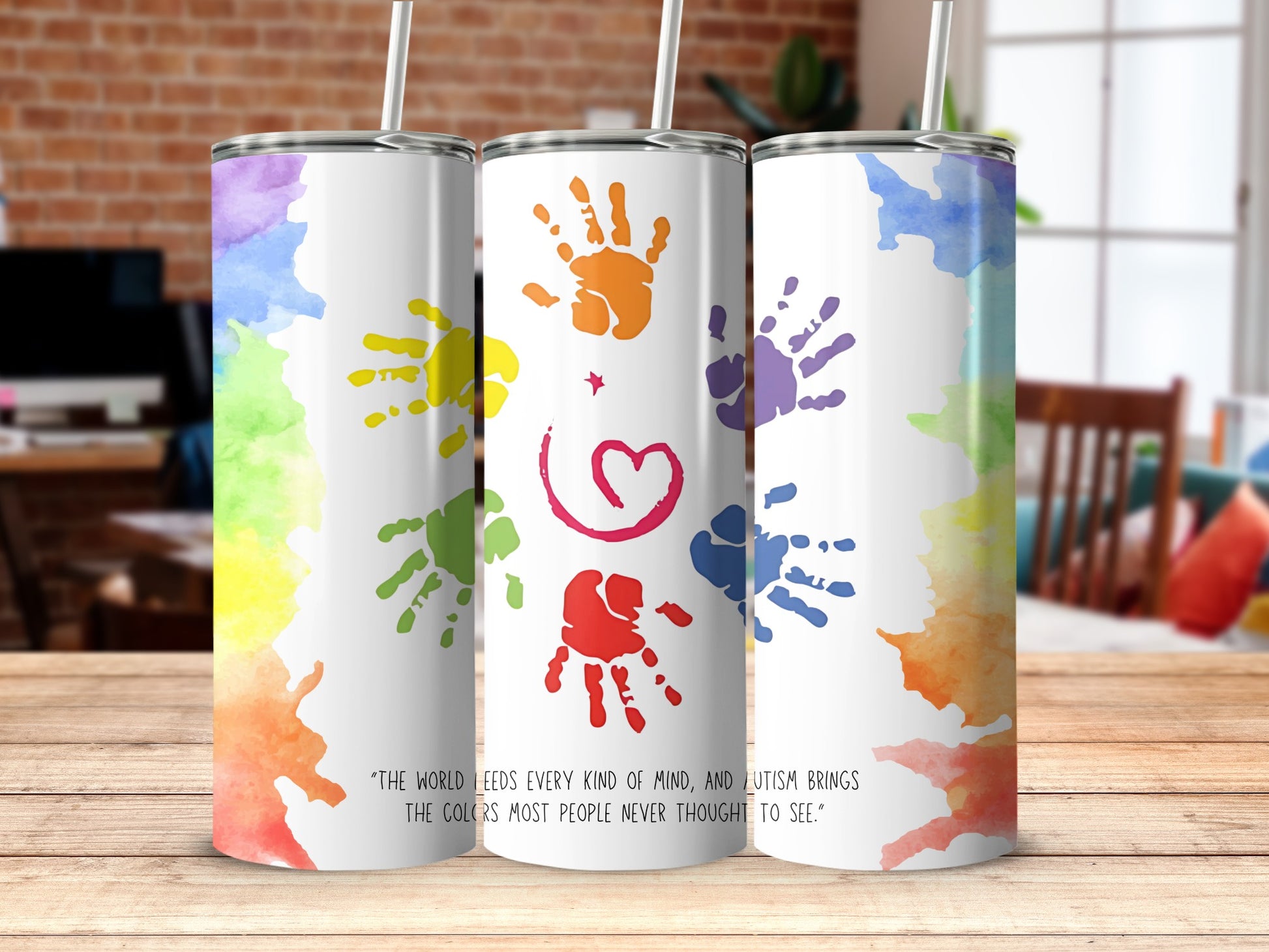 Colorful Handprint and Heart Design Tumbler