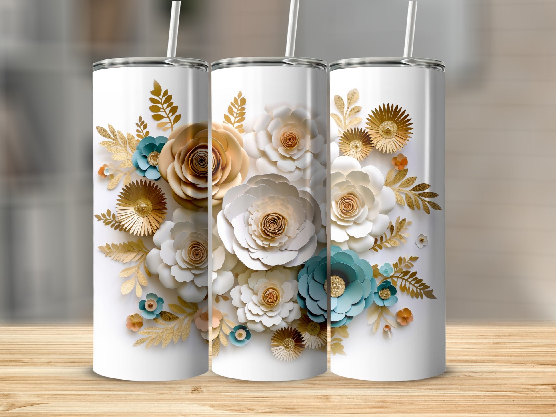 Elegant Floral Design on White Stainless Tumbler Cup