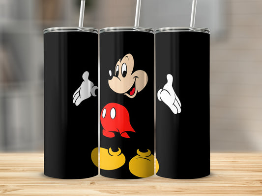 Three black tumblers with Mickey Mouse graphics, shown on a wooden surface.