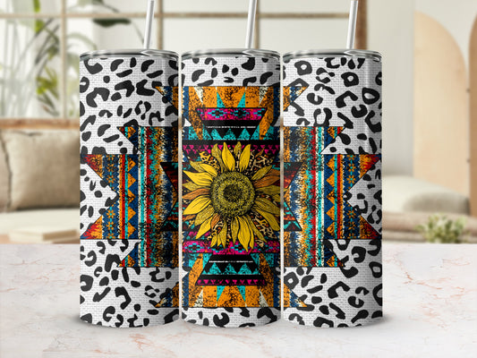 Tumbler with sunflower, leopard print, and geometric Native American patterns.