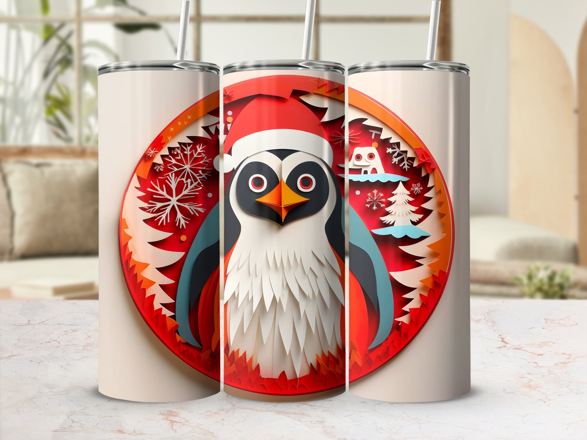 Three tall, cream-colored tumblers with a festive penguin holiday design.