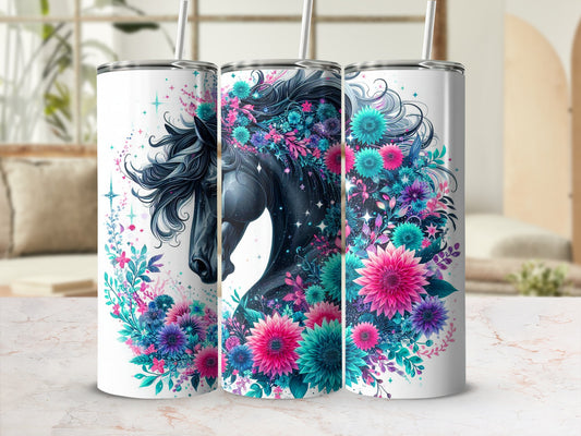 Black horse with vibrant floral mane and tail, displayed on three tumblers.