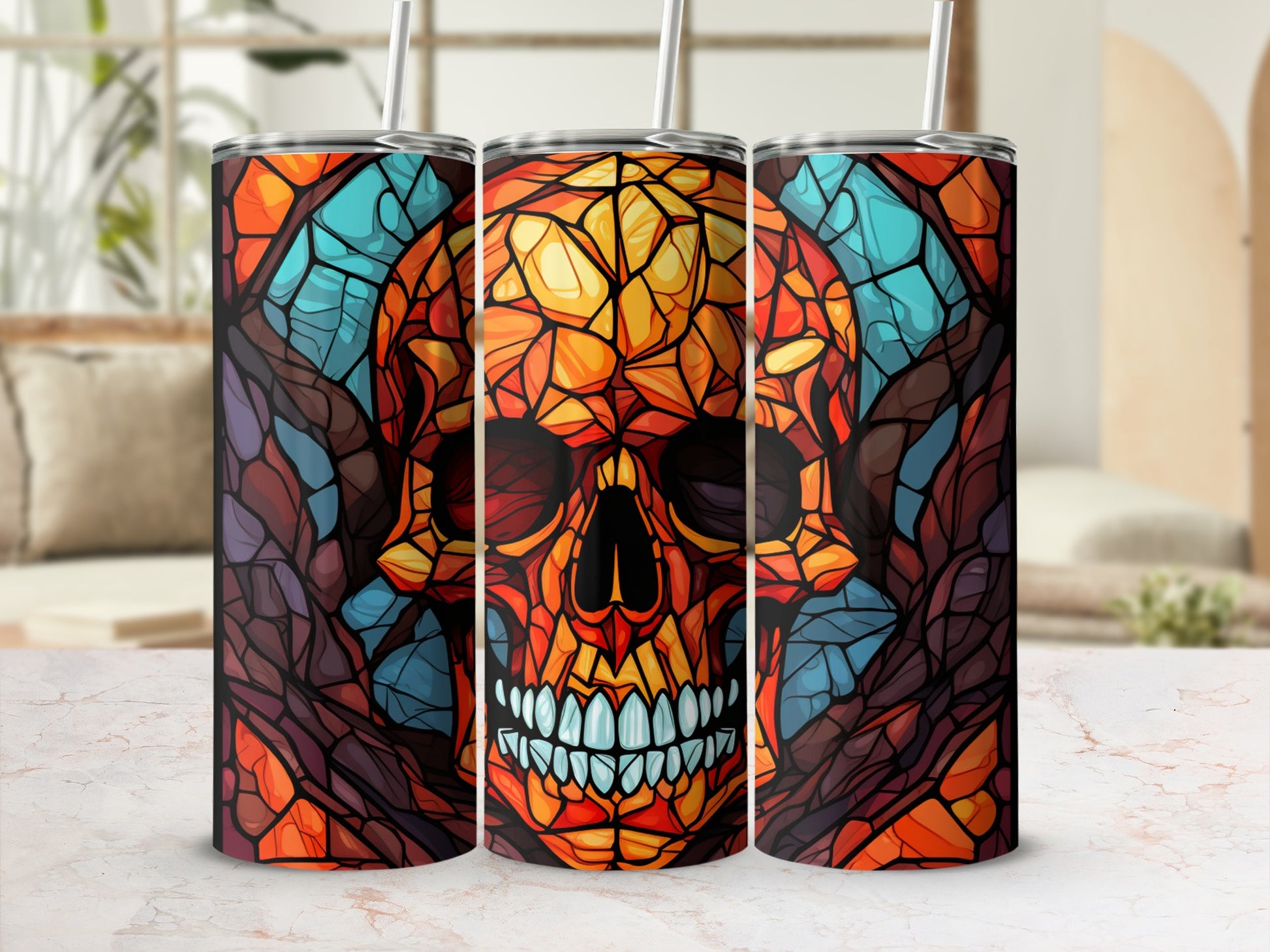 Triptych of stained glass skull tumblers with abstract mosaic background.