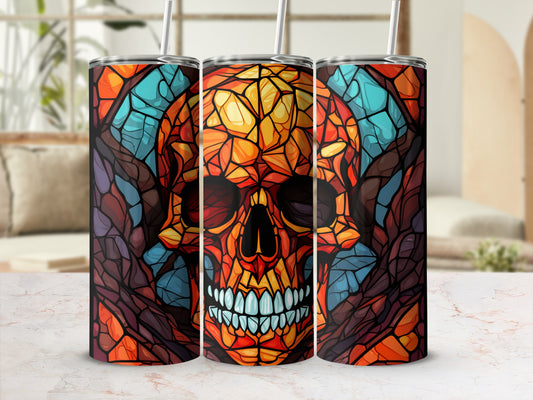 Triptych of stained glass skull tumblers with abstract mosaic background.